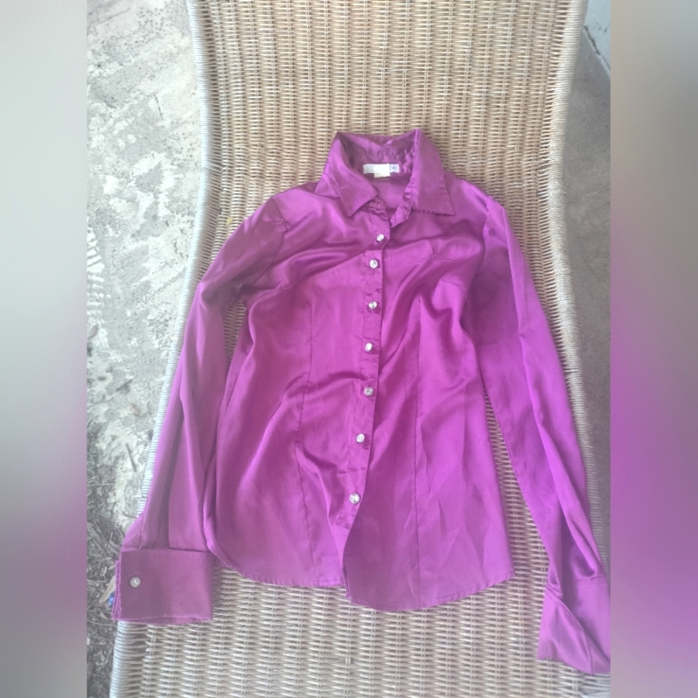 Ruby K Satin Purple Hot Pink Long Sleeve Button Up Work Shirt